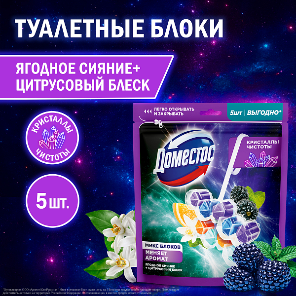 Блок для унитаза Доместос Сила 5в1 Ягодное сияние и Цитрусовый блеск